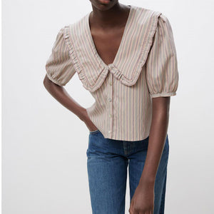 ZARA ザラストライプ プラッターカラー トップスペールピンクレディース4661003