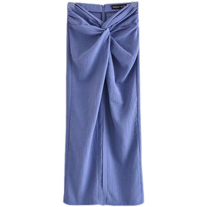 ZARA ザラノット テクスチャーミディスカートコットンブルーレディース7385174