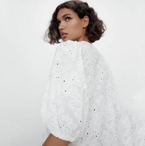 ZARA ザラカットワーク刺繍ワンピースホワイトレディース4786095