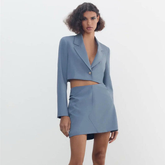 ZARA ザラトップステッチ クロップドブレザーポリエステルライトブルーレディース4432725