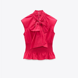ZARA ザラリボンモチーフ付きポプリントップスコットンフクシアレディース8741235