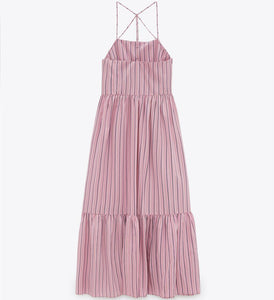 ZARA ザラストライプ柄ミディ丈ワンピースレーヨンピンクレディース8342116