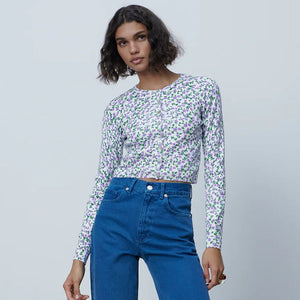 ZARA ザラジャカードニットカーディガンコットンレッドパープルレディース9598060