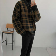 画像をギャラリービューアに読み込む, メンズ チェック柄 ニット セーター 韓国 Vネック  2色