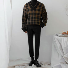 画像をギャラリービューアに読み込む, メンズ チェック柄 ニット セーター 韓国 Vネック  2色
