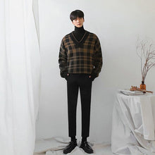 画像をギャラリービューアに読み込む, メンズ チェック柄 ニット セーター 韓国 Vネック  2色
