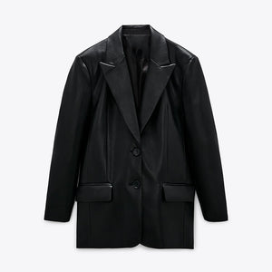 ZARA ザラ カジュアルな気質のフェイクレザーブレザールーズ レデイース ブラック1255703