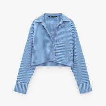 画像をギャラリービューアに読み込む, ZARA ザラクロップド ストライプ シャツコットンブルーレディース2180612