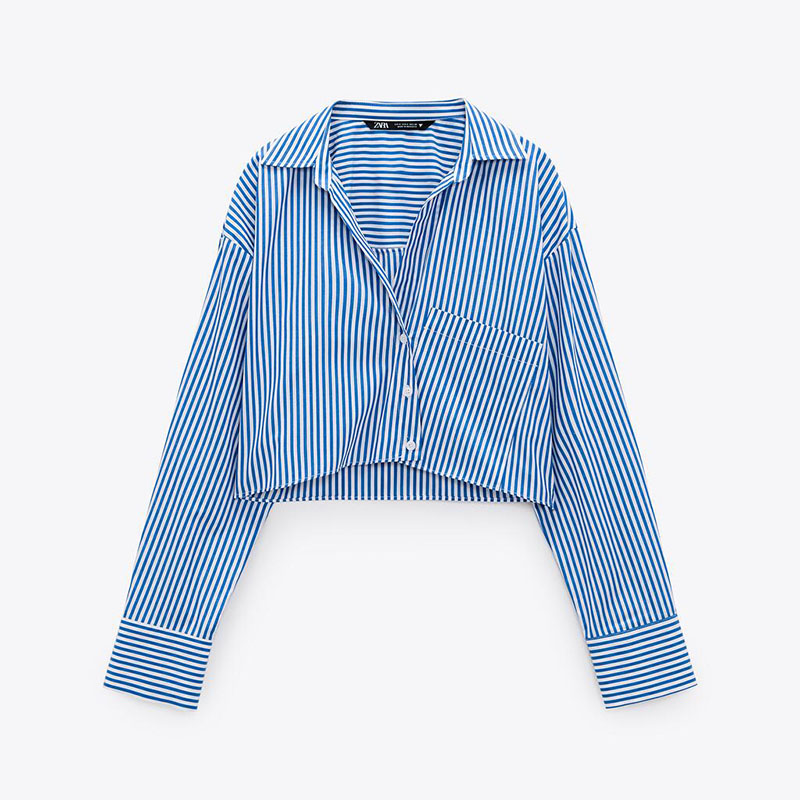 ZARA ザラクロップド ストライプ シャツコットンブルーレディース2180612