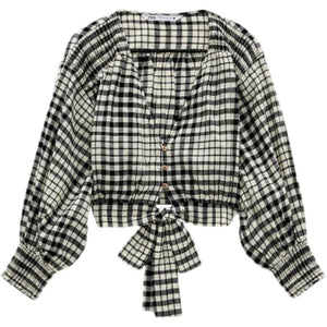 ZARA ザラギンガムチェック柄クロップド丈トップスコットンブラック