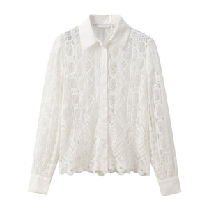 ZARA ザラ レースカットアウトボタンダウンシャツ レデイース ホワイト4786060