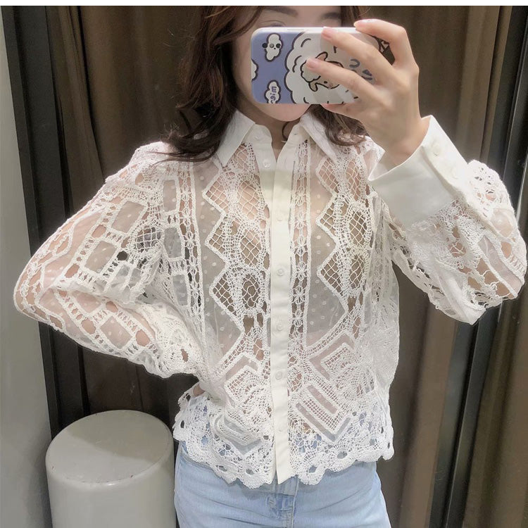 ZARA ザラ レースカットアウトボタンダウンシャツ レデイース ホワイト4786060