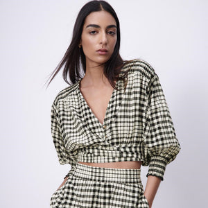ZARA ザラギンガムチェック柄クロップド丈トップスコットンブラック