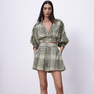 ZARA ザラギンガムチェック柄クロップド丈トップスコットンブラック