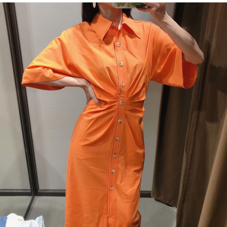 ZARA ザラ ヴィンテージ風のボタンアッププリーツシャツドレス レデイース オレンジ 7733457
