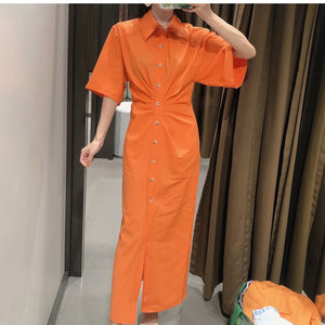 ZARA ザラ ヴィンテージ風のボタンアッププリーツシャツドレス レデイース オレンジ 7733457