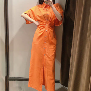 ZARA ザラ ヴィンテージ風のボタンアッププリーツシャツドレス レデイース オレンジ 7733457