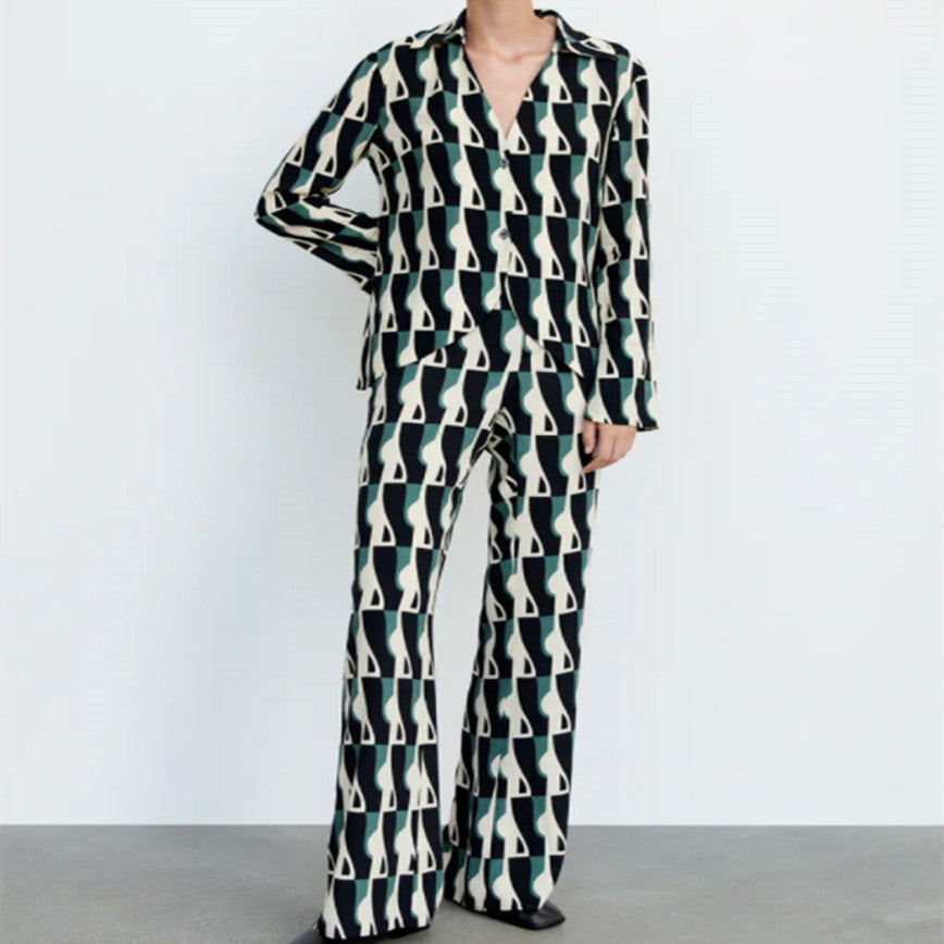 ZARA ザラ ファッションプリントドレープブラウス+プリントフレアパンツセット レデイース 8519248