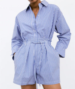 ZARA ザラ ストライプポプリンシャツ+ペーパーバッグウエストストライプパンツ レデイース 93510023
