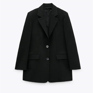 ZARA ザラ なめらかなラペル長袖ボタンストライプショルダーパッドロングブレザー レデイース ブラック98411888