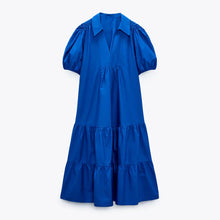 画像をギャラリービューアに読み込む, ZARA ザラ  Vネックラペルポプリンルーズドレス レデイース ブルー 0387158