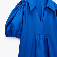 画像をギャラリービューアに読み込む, ZARA ザラ  Vネックラペルポプリンルーズドレス レデイース ブルー 0387158