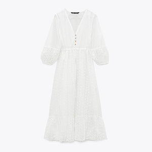 ZARA ザラVネックカットアウト刺繡ワンピース レデイース ホワイト2578884