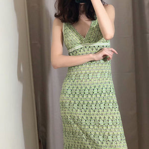 ZARA ザラ フリンジ付きニットVネックスリップドレス レデイース グリーン 3500001