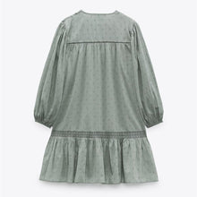 画像をギャラリービューアに読み込む, ZARA ザラ Vネックカットアウト刺繍フリルワンピース レデイース グリーン 5107242