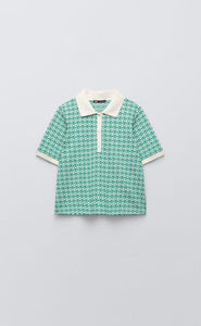 ZARA ザラ レトロ ジャカード ポロシャツ グリーン 1930429