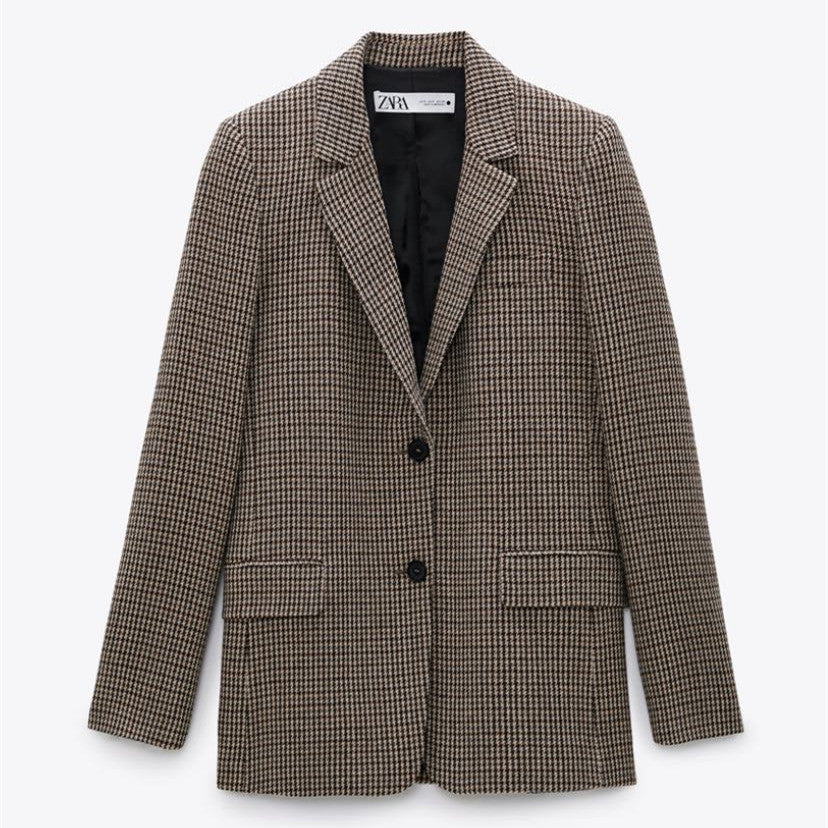 ZARA ザラ千鳥格子柄ブレザーウールゴールデンブラウンレディース 