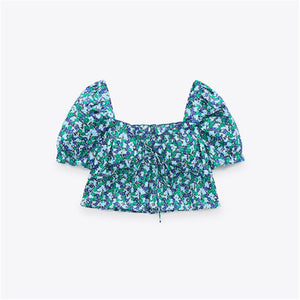 ZARA ザラプリント柄クロップド丈ブラウスマルチカラーコットンレディース9878/070