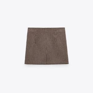 ZARA ザラチェック柄ミニスカートウールゴールデンブラウンレディース2139430