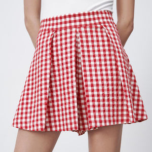 ZARA ザラギンガムチェックプリーツ バミューダパンツレーヨンレッドレディース1165091
