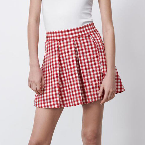 ZARA ザラギンガムチェックプリーツ バミューダパンツレーヨンレッドレディース1165091