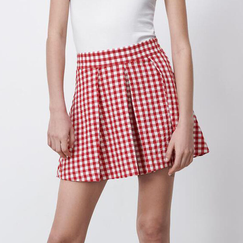 ZARA ザラギンガムチェックプリーツ バミューダパンツレーヨンレッドレディース1165091
