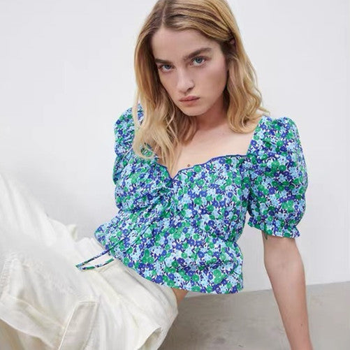 ZARA ザラプリント柄クロップド丈ブラウスマルチカラーコットンレディース9878/070