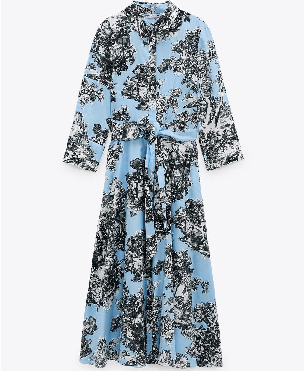 ZARA ザラフラワープリント シャツワンピースコットンブルーレディース2563080