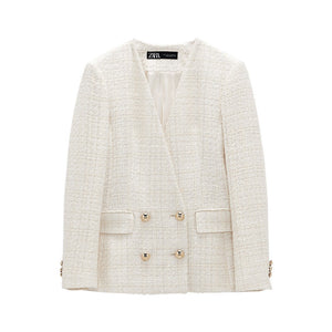 ZARA ザラテクスチャー素材ダブルブレストブレザーコットンエクリュレディース2277564