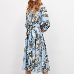 ZARA ザラフラワープリント シャツワンピースコットンブルーレディース2563080