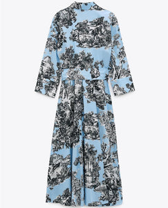 ZARA ザラフラワープリント シャツワンピースコットンブルーレディース2563080