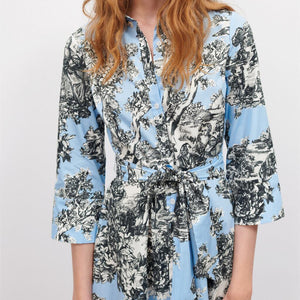ZARA ザラフラワープリント シャツワンピースコットンブルーレディース2563080