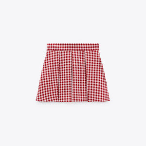 ZARA ザラギンガムチェックプリーツ バミューダパンツレーヨンレッドレディース1165091