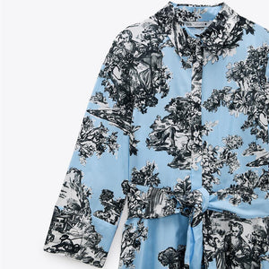 ZARA ザラフラワープリント シャツワンピースコットンブルーレディース2563080