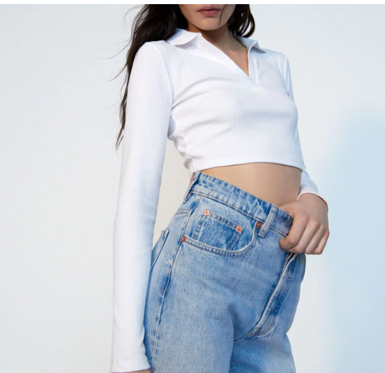 ZARA ザラリブ ポロシャツコットンホワイトレディース3641310